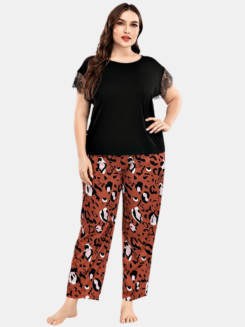 Plus Size Kvinner Blonder Svart Kortermet Topp Leopardbukser Hjem Fritids Pyjamassett