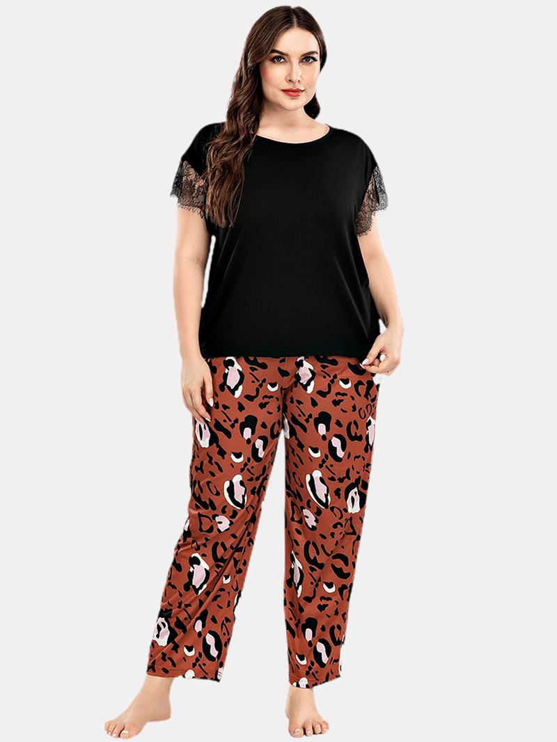 Plus Size Kvinner Blonder Svart Kortermet Topp Leopardbukser Hjem Fritids Pyjamassett