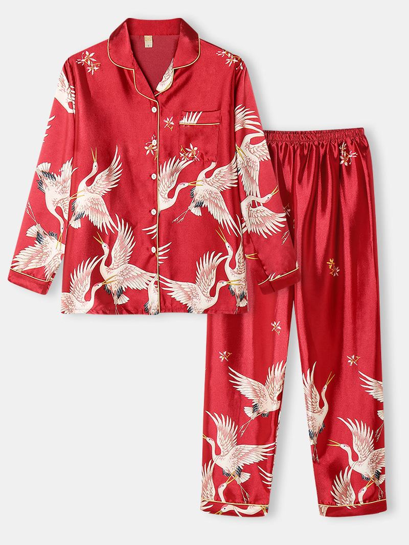 Plus Size Kvinner Crane Pattern Revere Krage Ice Silke Hjem Fritids Pyjamas Sett