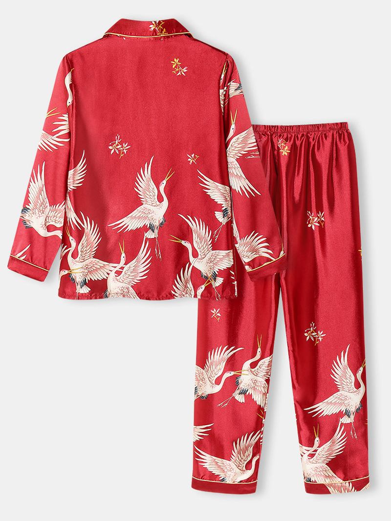 Plus Size Kvinner Crane Pattern Revere Krage Ice Silke Hjem Fritids Pyjamas Sett