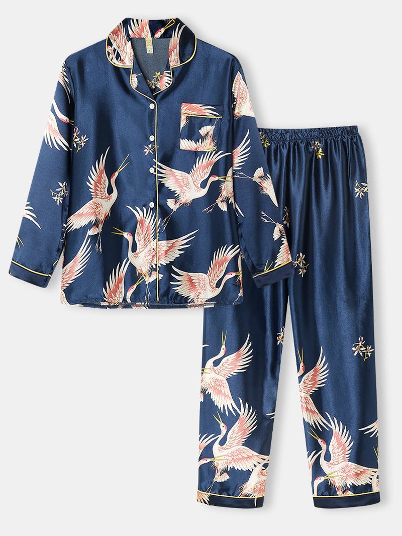 Plus Size Kvinner Crane Pattern Revere Krage Ice Silke Hjem Fritids Pyjamas Sett