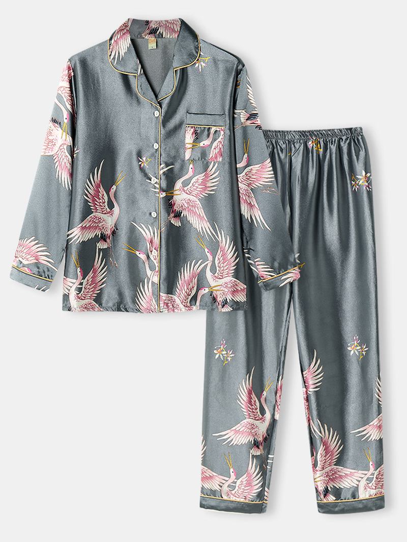 Plus Size Kvinner Crane Pattern Revere Krage Ice Silke Hjem Fritids Pyjamas Sett