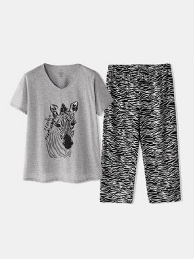 Plus Size Kvinner Hjem Bomull Zebra Med Trykk V-hals Kortermet Pyjamas Set