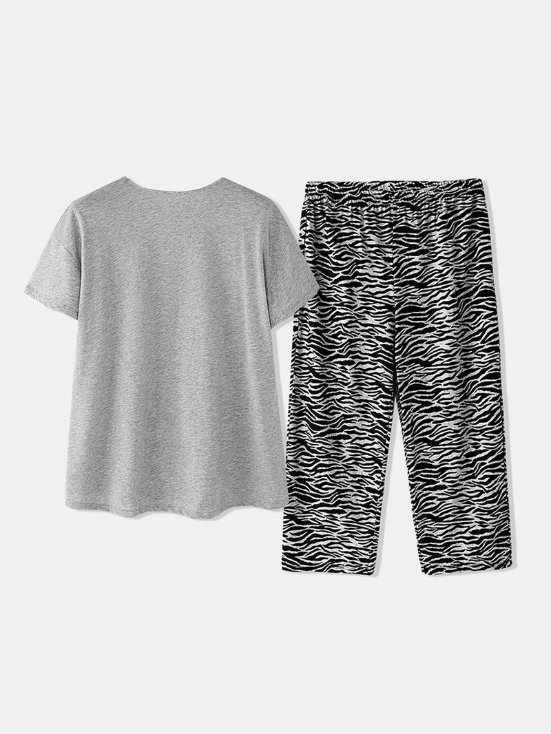 Plus Size Kvinner Hjem Bomull Zebra Med Trykk V-hals Kortermet Pyjamas Set