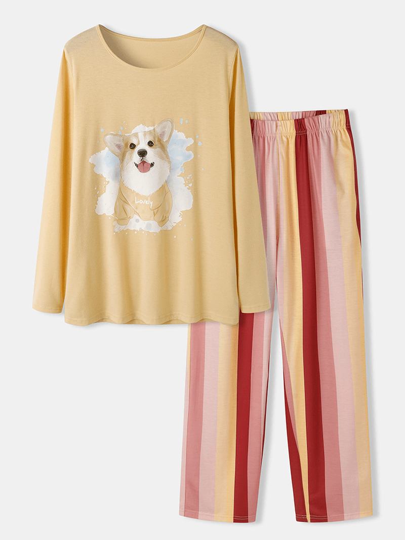 Plus Size Kvinner Hunde Med Trykk Stripete Bukser Løs Langermet Loungewear Pyjamas Sett