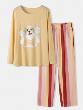 Plus Size Kvinner Hunde Med Trykk Stripete Bukser Løs Langermet Loungewear Pyjamas Sett