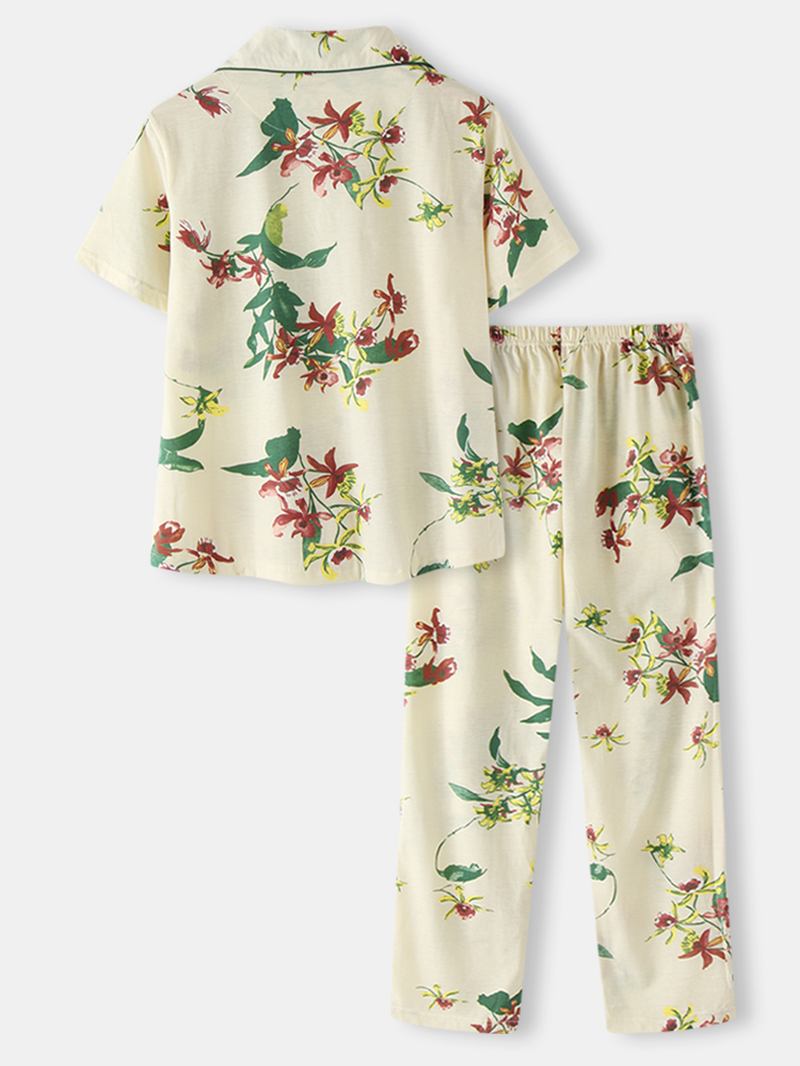 Plus Size Kvinner Plant Med Trykk Kortermet Topp Elastisk Midje Bukser Hjem Fritids Pyjamas Set