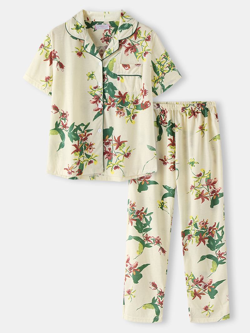 Plus Size Kvinner Plant Med Trykk Kortermet Topp Elastisk Midje Bukser Hjem Fritids Pyjamas Set