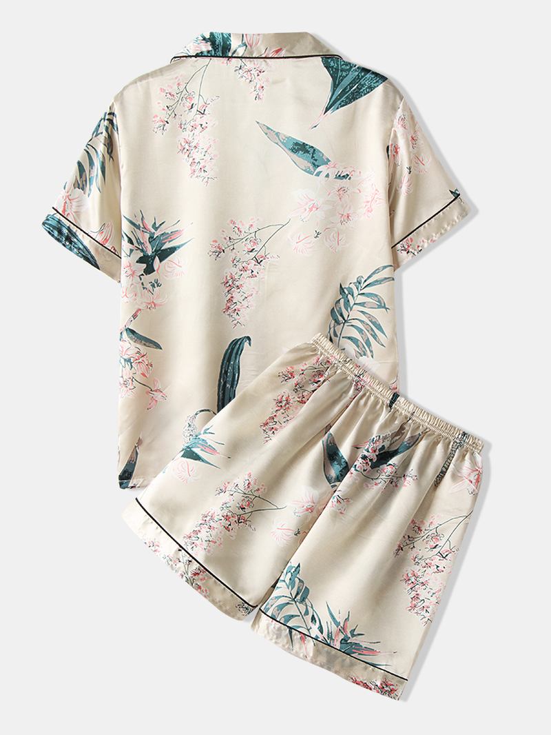 Plus Size Kvinner Plant Med Trykk Revere Krage Faux Silke Kortermet Løs Pajamas Sett