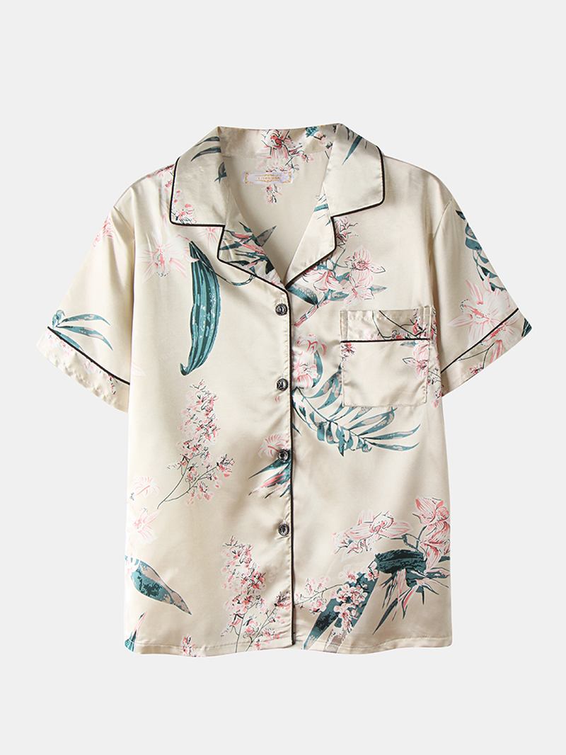 Plus Size Kvinner Plant Med Trykk Revere Krage Faux Silke Kortermet Løs Pajamas Sett