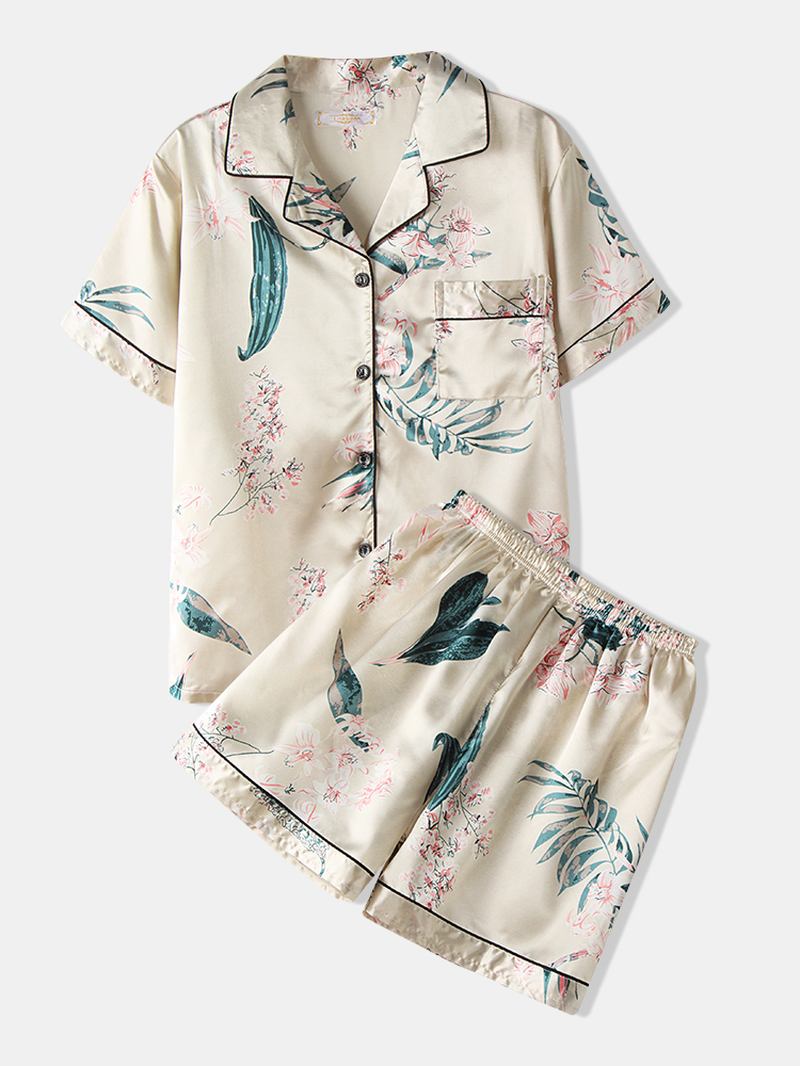 Plus Size Kvinner Plant Med Trykk Revere Krage Faux Silke Kortermet Løs Pajamas Sett