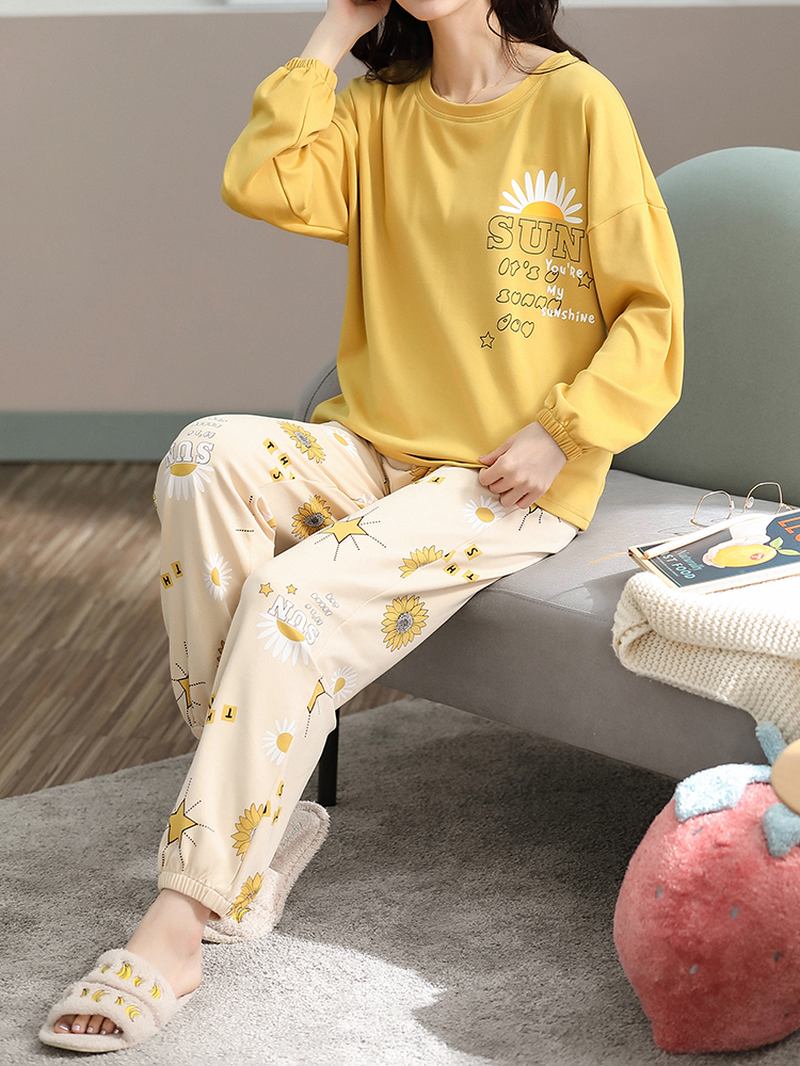 Pluss Størrelse Kvinner Blomster & Letter Med Trykk V-hals Langermet Home Fritids Pyjamas Set