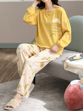 Pluss Størrelse Kvinner Blomster & Letter Med Trykk V-hals Langermet Home Fritids Pyjamas Set