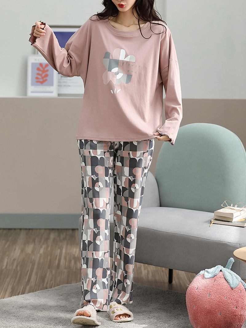 Pluss Størrelse Kvinner Blomster & Letter Med Trykk V-hals Langermet Home Fritids Pyjamas Set