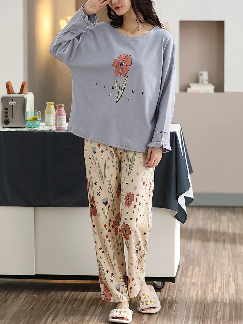 Pluss Størrelse Kvinner Blomster & Letter Med Trykk V-hals Langermet Home Fritids Pyjamas Set