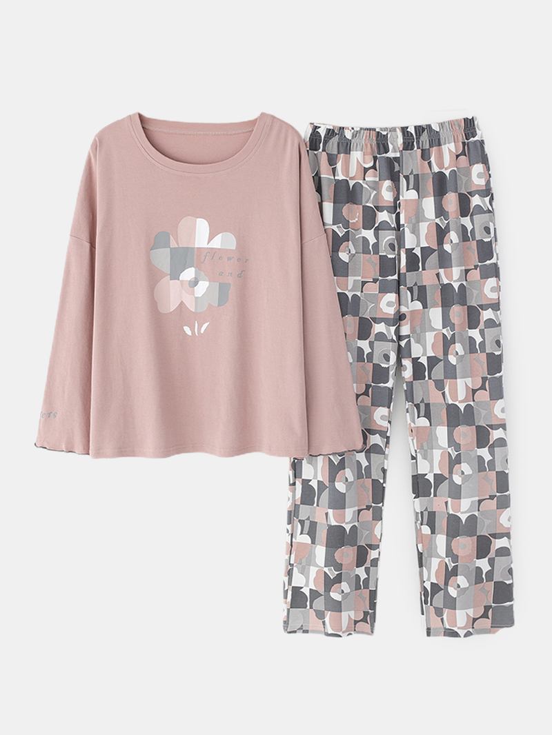 Pluss Størrelse Kvinner Blomster & Letter Med Trykk V-hals Langermet Home Fritids Pyjamas Set