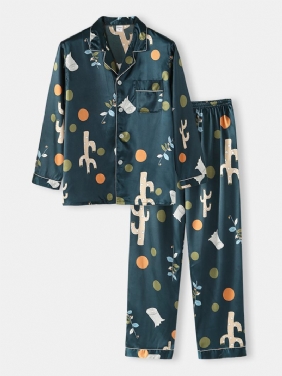 Polka Dot Plant Med Trykk Loose Fit Langermet Revere Collar Home Lounge Pyjamas Med Lomme