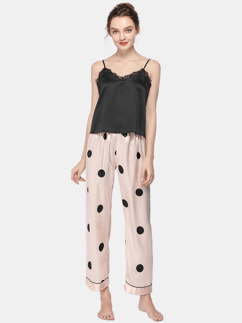 Polka Dot Spaghetti Straps Blonde-trim Backless Lungewear Fritids Pyjamas Set