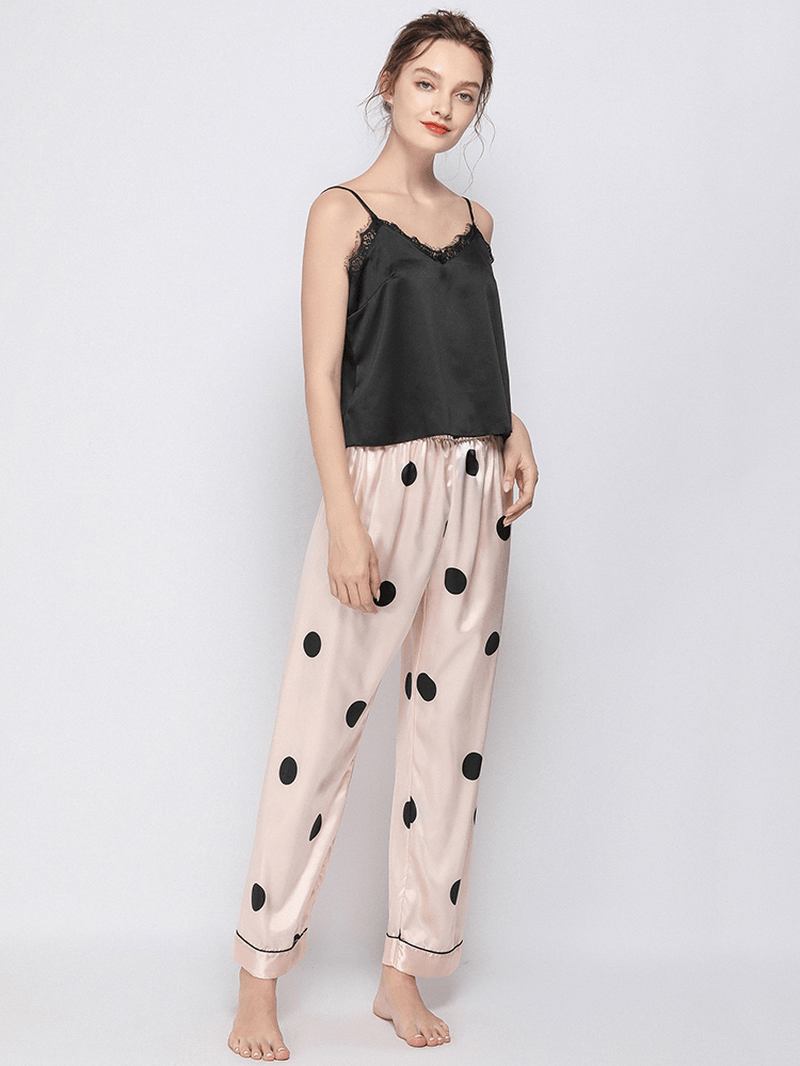 Polka Dot Spaghetti Straps Blonde-trim Backless Lungewear Fritids Pyjamas Set