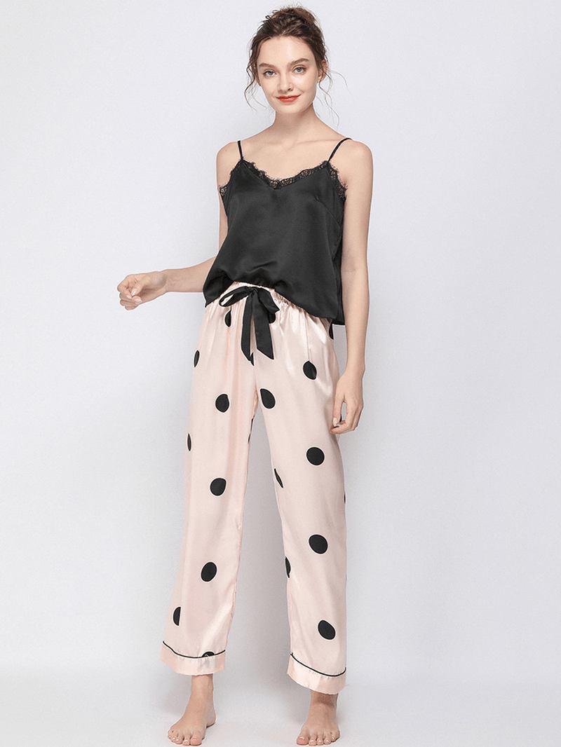 Polka Dot Spaghetti Straps Blonde-trim Backless Lungewear Fritids Pyjamas Set