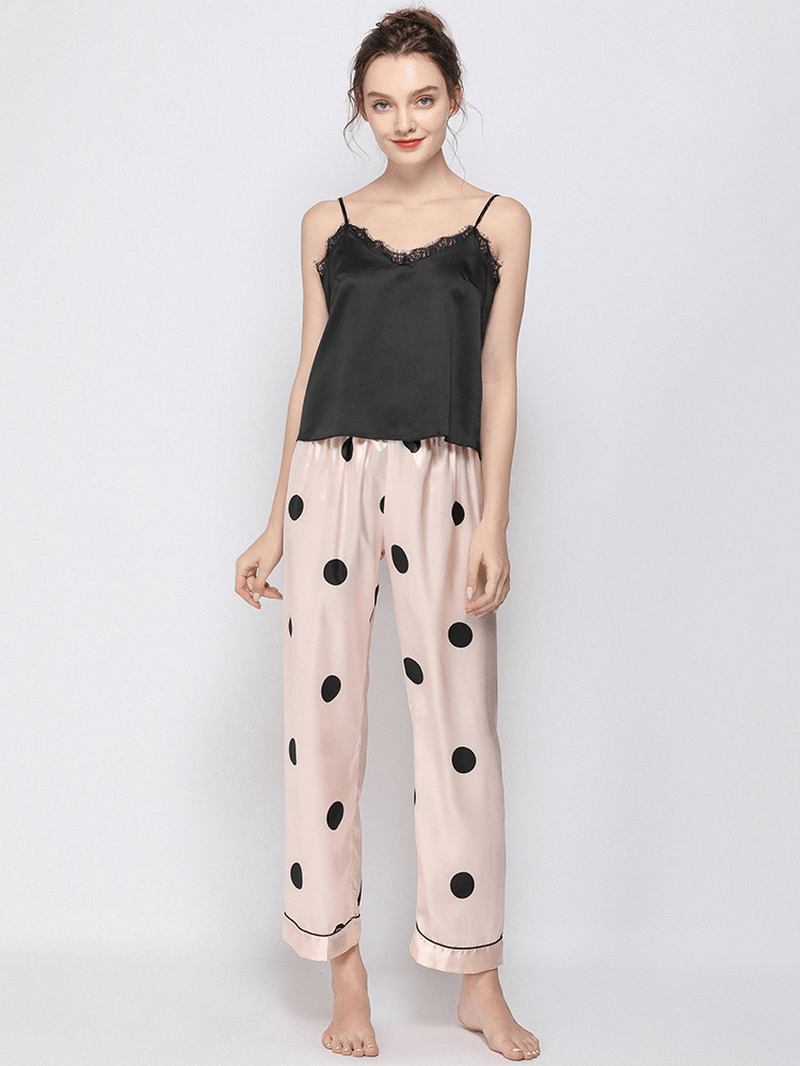 Polka Dot Spaghetti Straps Blonde-trim Backless Lungewear Fritids Pyjamas Set