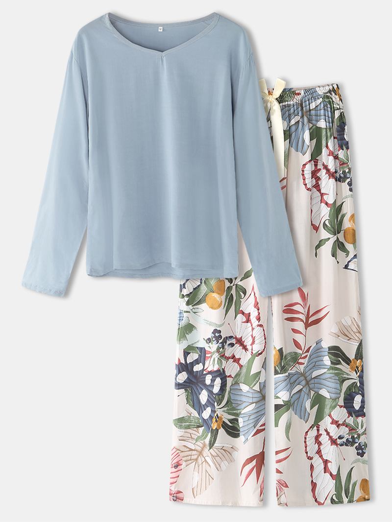 Sommerfugl- Og Blomstertrykk For Kvinner Med V-hals Sløyfe Lange Pyjamassett Loungewear