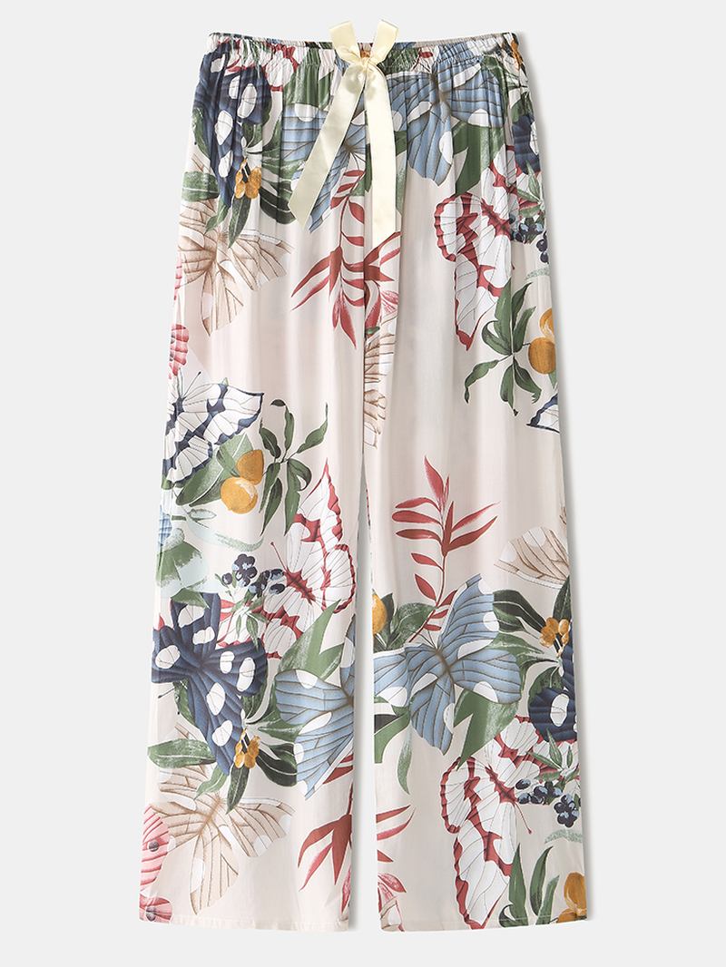 Sommerfugl- Og Blomstertrykk For Kvinner Med V-hals Sløyfe Lange Pyjamassett Loungewear