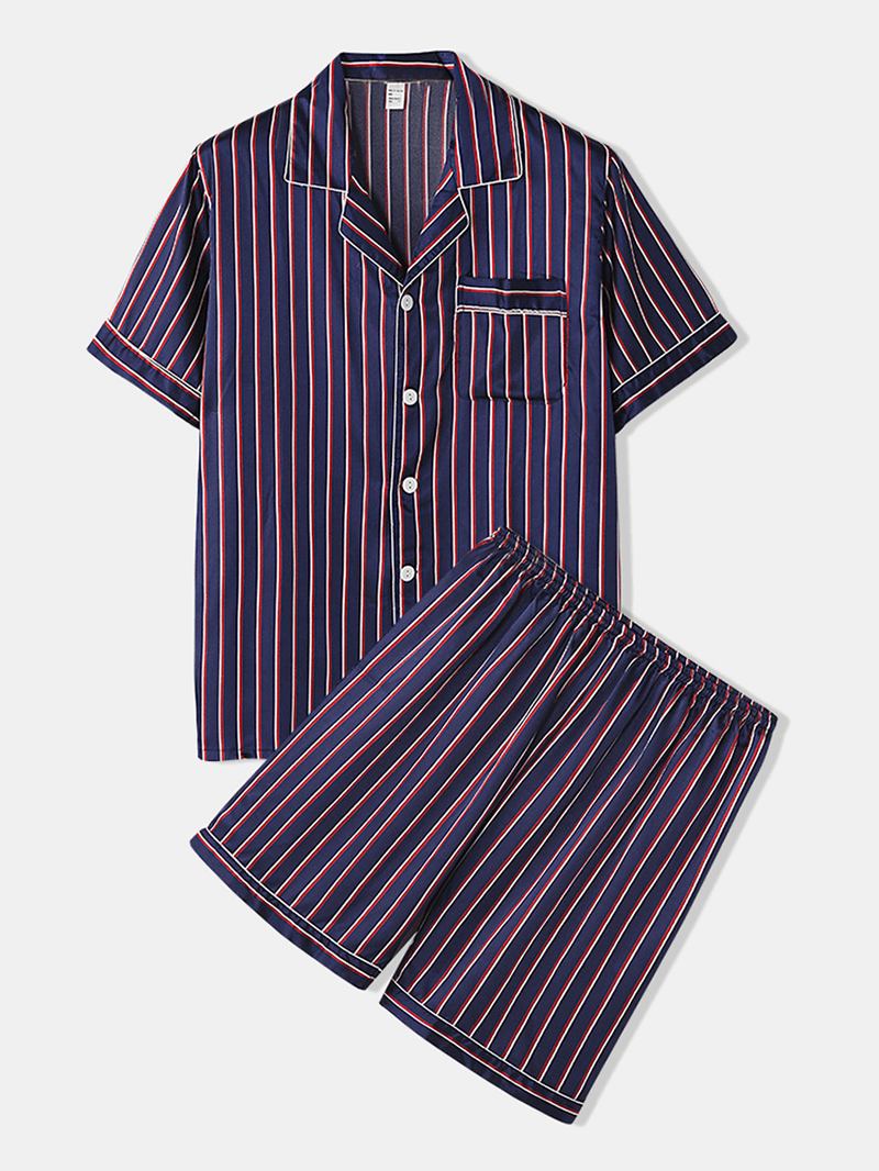 Stripete Smooth Revere Krage Lomme Button Up Hjem Faux Silk Pyjamas Set