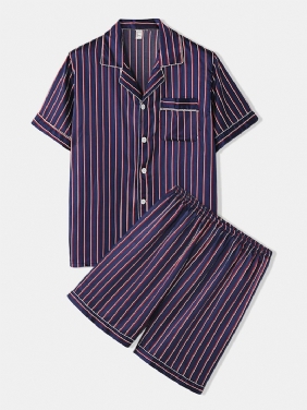 Stripete Smooth Revere Krage Lomme Button Up Hjem Faux Silk Pyjamas Set