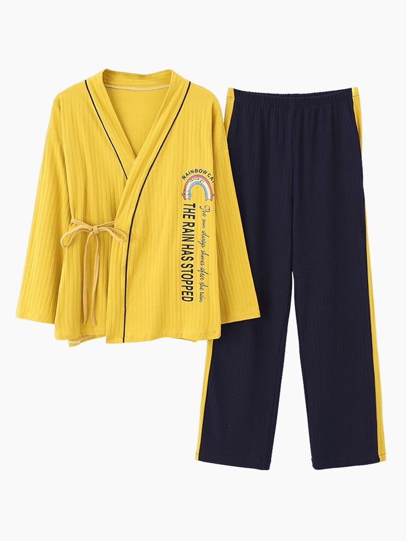 Sweety Kimono Topp Langermet Textured Cotton Leisure Pyjamas Set