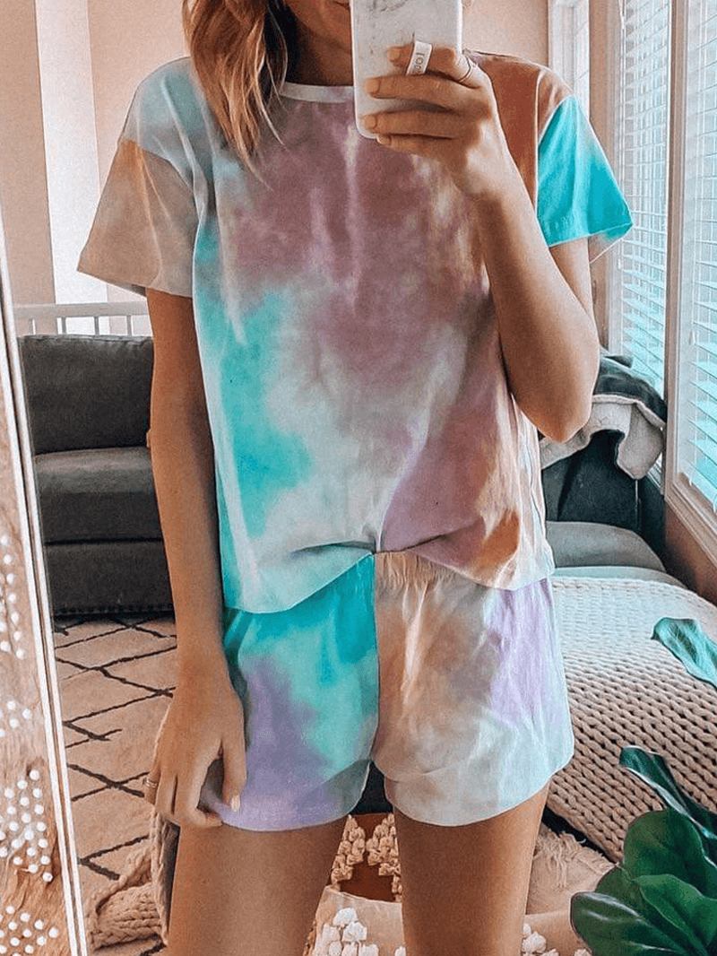 Tie Dye Med Trykk Loungewear Set Dradient Short Sleeve Pyjamas I To Deler