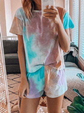 Tie Dye Med Trykk Loungewear Set Dradient Short Sleeve Pyjamas I To Deler