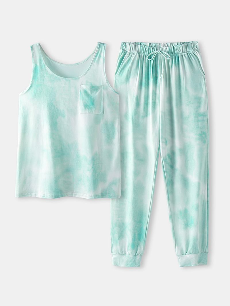 Tie Dye Med Trykk Sports Loungewear Set Tank Top Beam Feet Ermeløse Todelt Sett