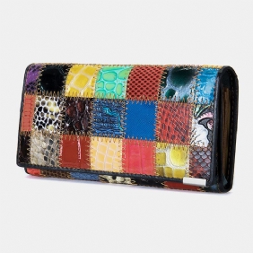 Kvinner Ekte Lær Bifold Farget Geometrisk Mønster Multi-card Slot Card Case Pengeklipp Myntveske Lange Clutch Lommebøker