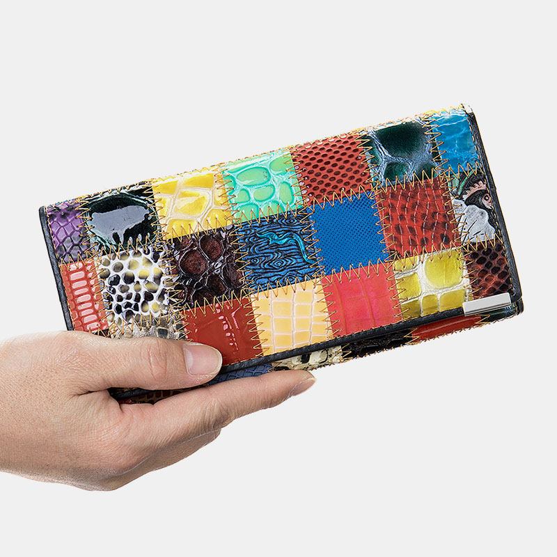 Kvinner Ekte Lær Bifold Farget Geometrisk Mønster Multi-card Slot Card Case Pengeklipp Myntveske Lange Clutch Lommebøker