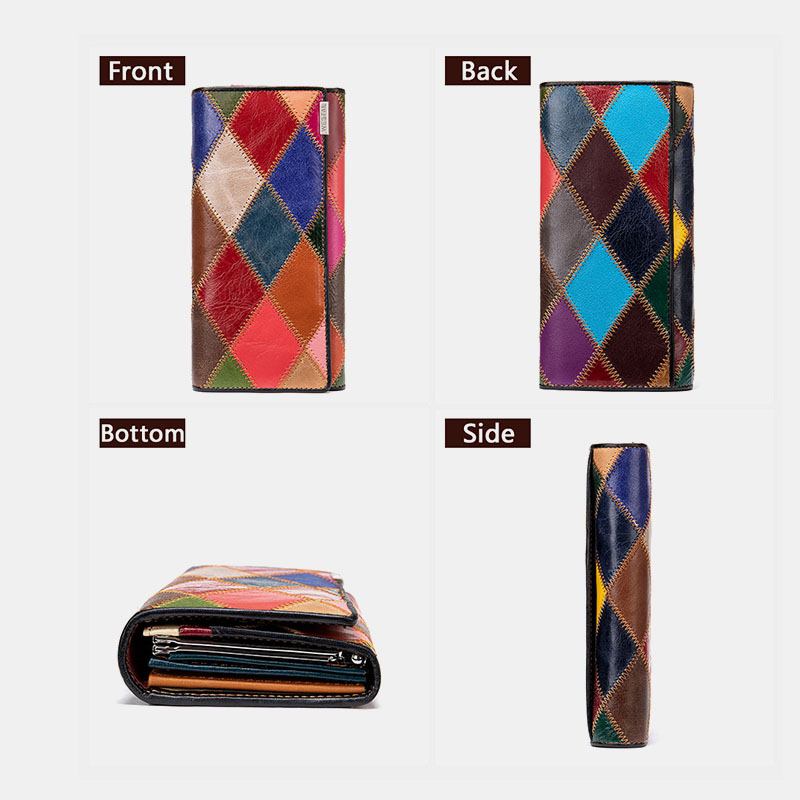 Kvinner Ekte Lær Bifold Farget Geometrisk Mønster Multi-card Slot Card Case Pengeklipp Myntveske Lange Clutch Lommebøker