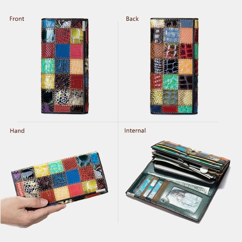 Kvinner Ekte Lær Bifold Farget Geometrisk Mønster Multi-card Slot Card Case Pengeklipp Myntveske Lange Clutch Lommebøker