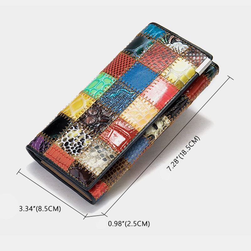 Kvinner Ekte Lær Bifold Farget Geometrisk Mønster Multi-card Slot Card Case Pengeklipp Myntveske Lange Clutch Lommebøker