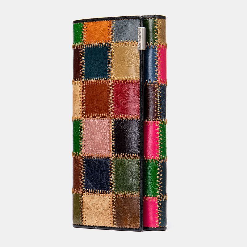 Kvinner Ekte Lær Bifold Farget Geometrisk Mønster Multi-card Slot Card Case Pengeklipp Myntveske Lange Clutch Lommebøker