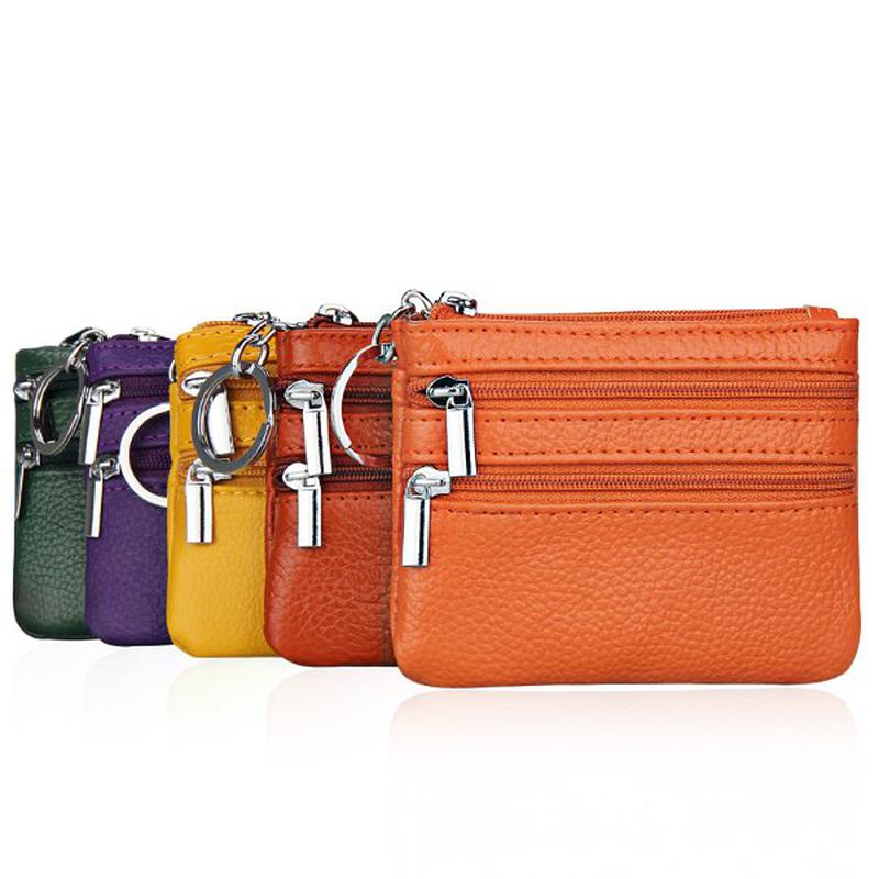 Kvinner Ekte Skinn Dobbel Glidelås Kortholder Clutch Lommebok Candy Color Myntposer