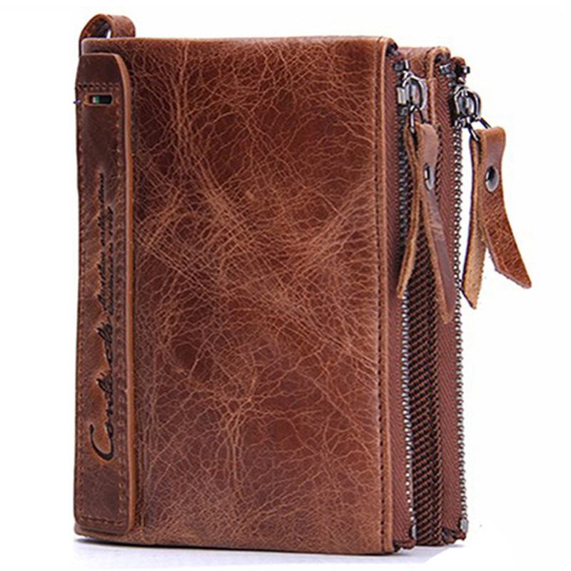 Menn Ekte Skinn Bifold Hasp Multi-card Slot Kortholder Retro Dobbel Glidelås Lomme Mynt Veske Kort Pengeklips Lommebok