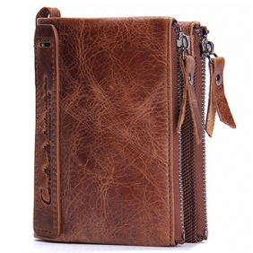 Menn Ekte Skinn Bifold Hasp Multi-card Slot Kortholder Retro Dobbel Glidelås Lomme Mynt Veske Kort Pengeklips Lommebok