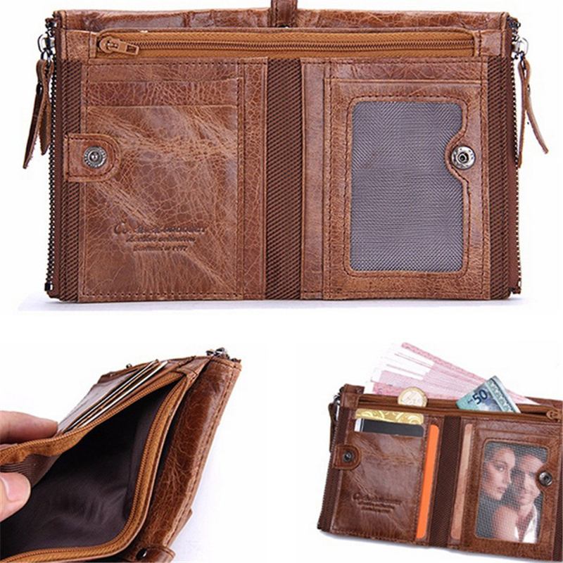 Menn Ekte Skinn Bifold Hasp Multi-card Slot Kortholder Retro Dobbel Glidelås Lomme Mynt Veske Kort Pengeklips Lommebok