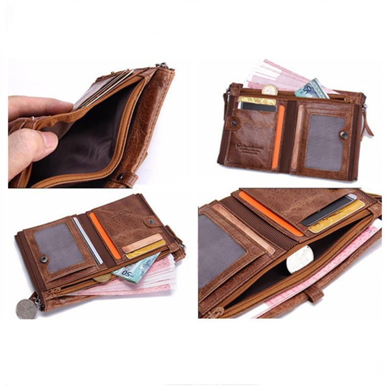 Menn Ekte Skinn Bifold Hasp Multi-card Slot Kortholder Retro Dobbel Glidelås Lomme Mynt Veske Kort Pengeklips Lommebok