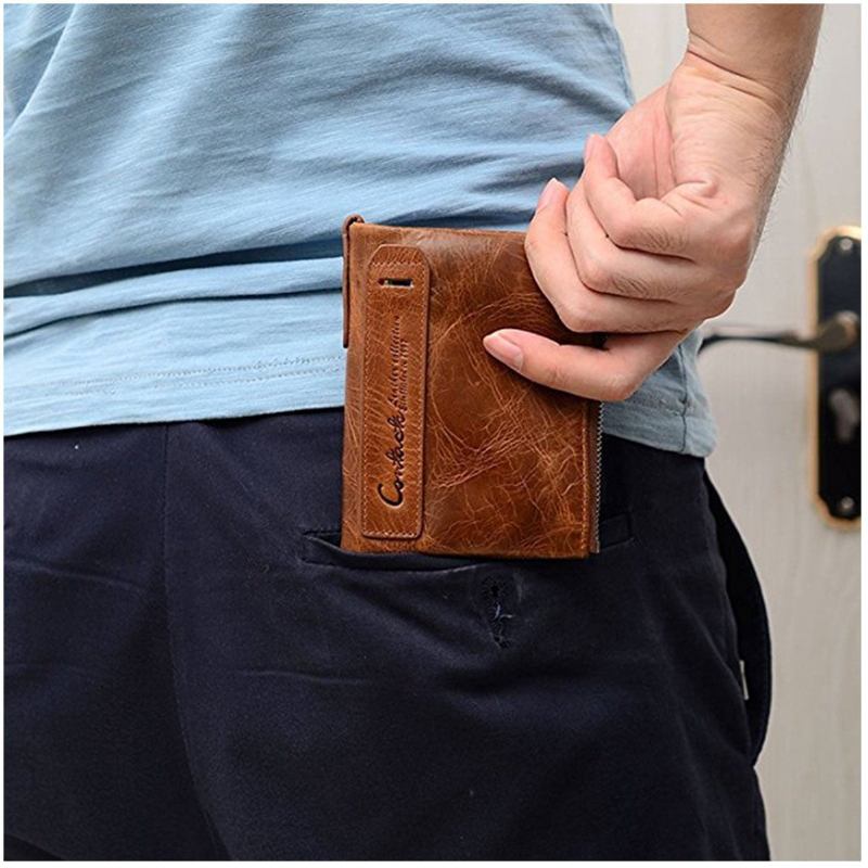 Menn Ekte Skinn Bifold Hasp Multi-card Slot Kortholder Retro Dobbel Glidelås Lomme Mynt Veske Kort Pengeklips Lommebok