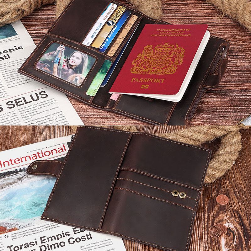 Menn Ekte Skinn Multi-card Slots Pengeklemme Sim-kort Multi-function Passport Bok Lommebok Veske