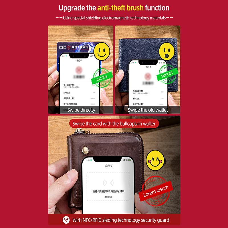 Menn Ekte Skinn Multifunksjon Bifold Glidelås Lommebøker Anti-magnetisk Multi-kort Spor Kortholder Myntpung