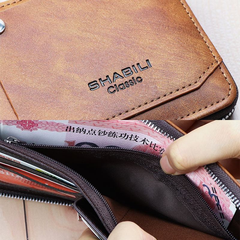 Menn Faux Leather Retro Classical Draw Card Slot Bifold Zipepr Kortholder Lommebok