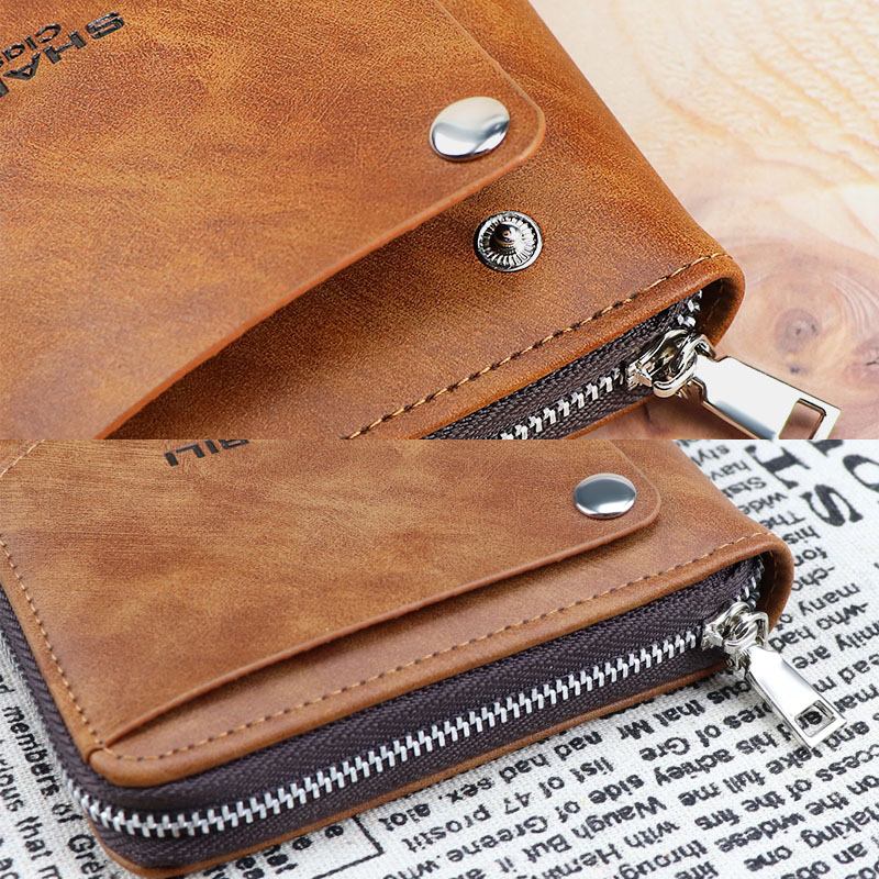 Menn Faux Leather Retro Classical Draw Card Slot Bifold Zipepr Kortholder Lommebok