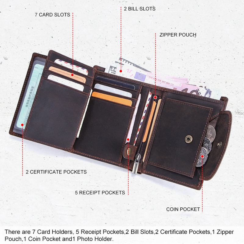 Menn Lommebok I Ekte Skinn Trifold Anti-tyveribørste Multi-card Slot Kortholder Myntpung Pengeklemme